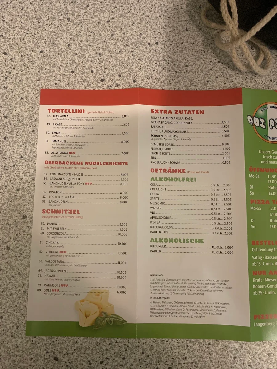 Speisekarte, Qui Pizza Italia