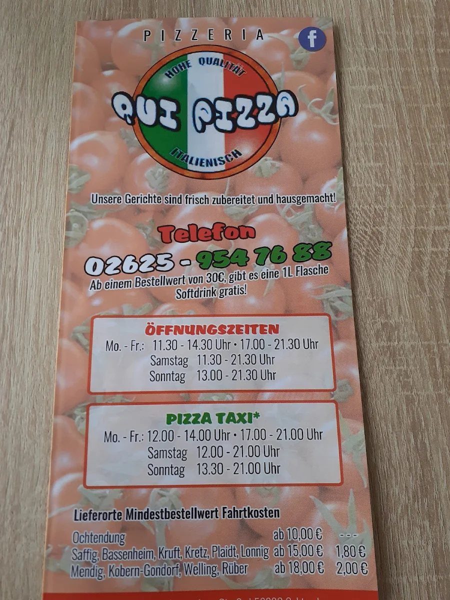 Speisekarte, Qui Pizza Italia