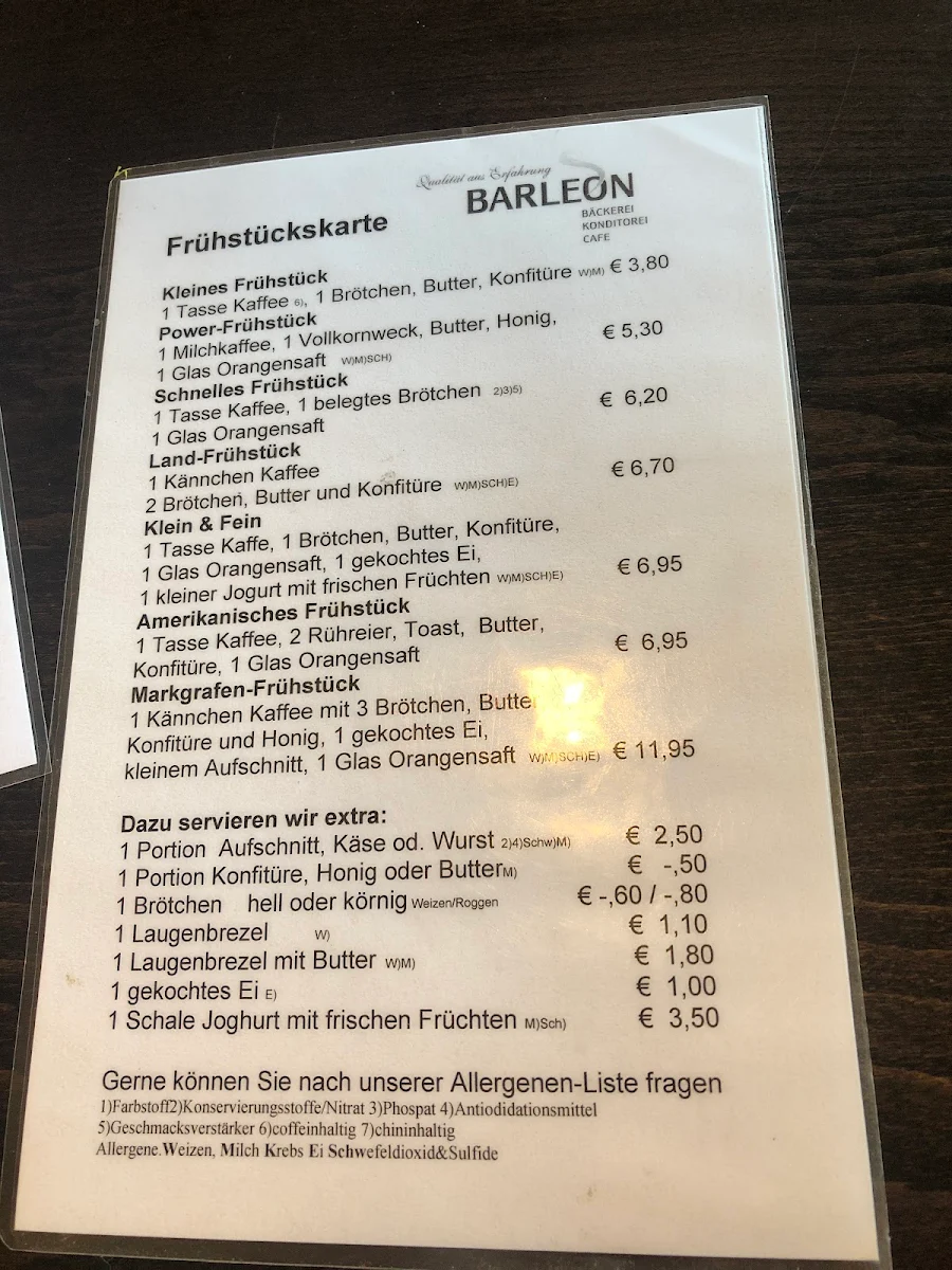Speisekarte, Barleon Bäckerei.Konditorei.Cafe´