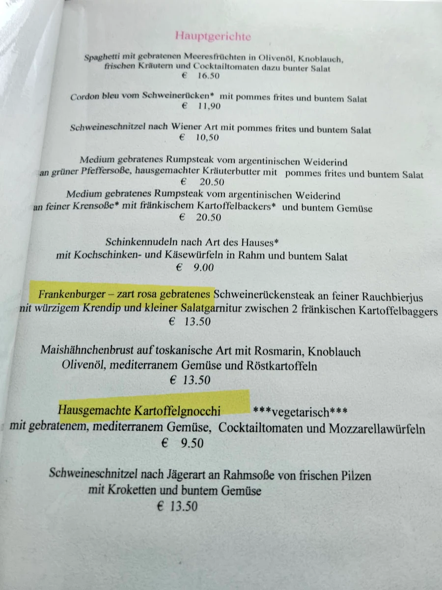 Speisekarte, Günter Sponsel Gasthaus