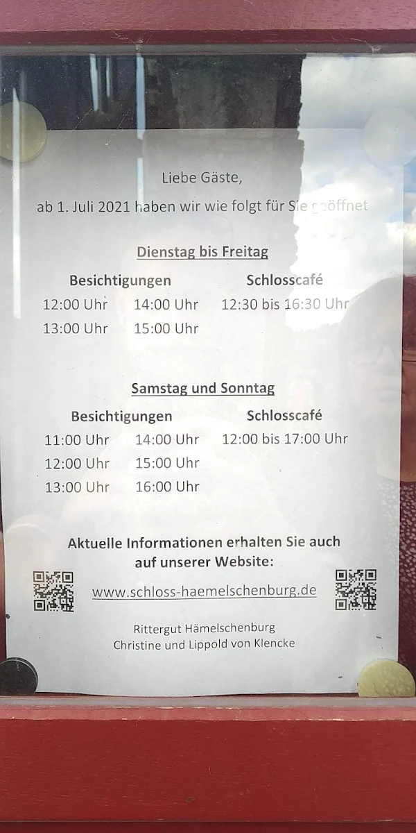 Speisekarte, Cafe Schloss Hämelschenburg