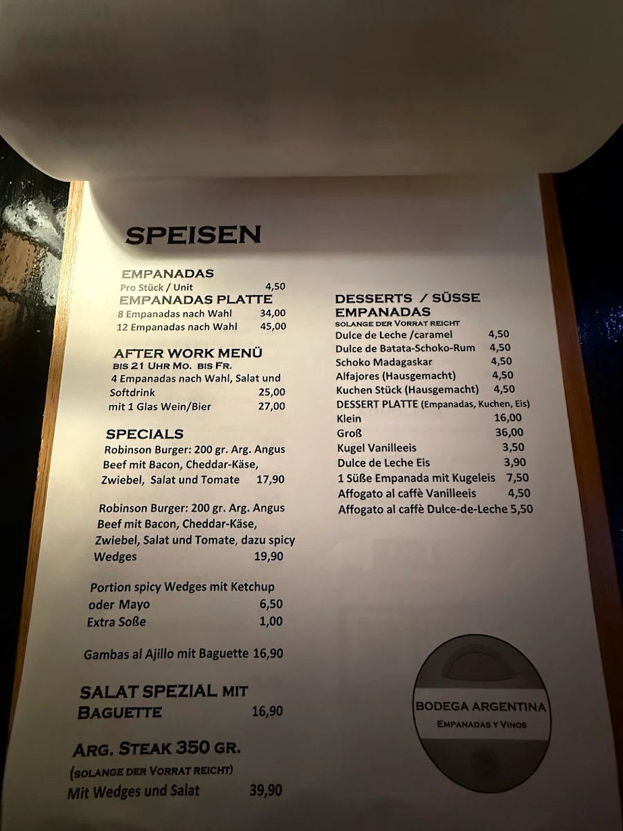 Speisekarte, Bodega Argentina the City