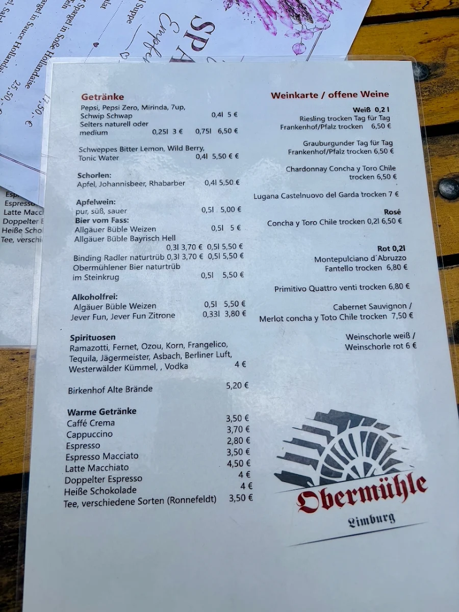 Speisekarte, Wirtshaus Obermühle Limburg