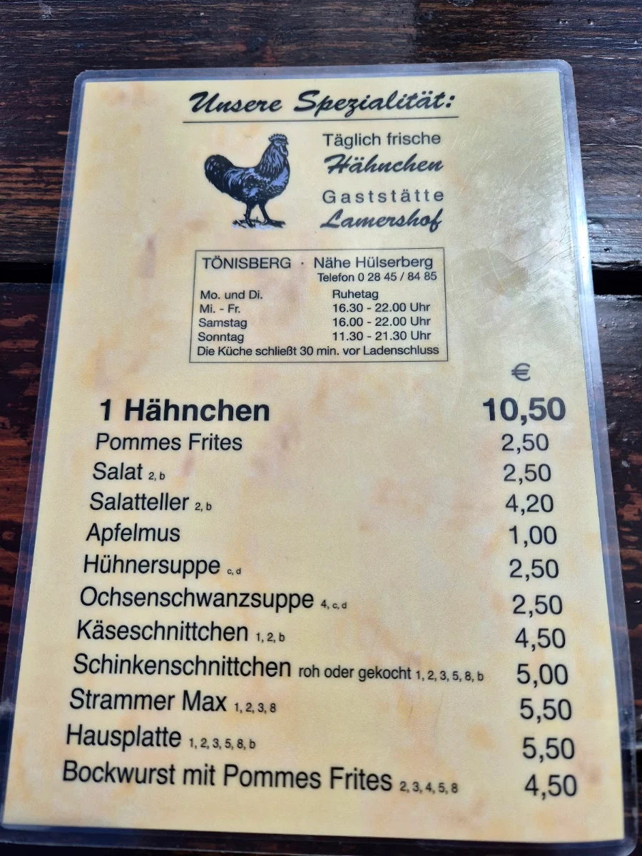 Speisekarte, Hähnchen Kempen