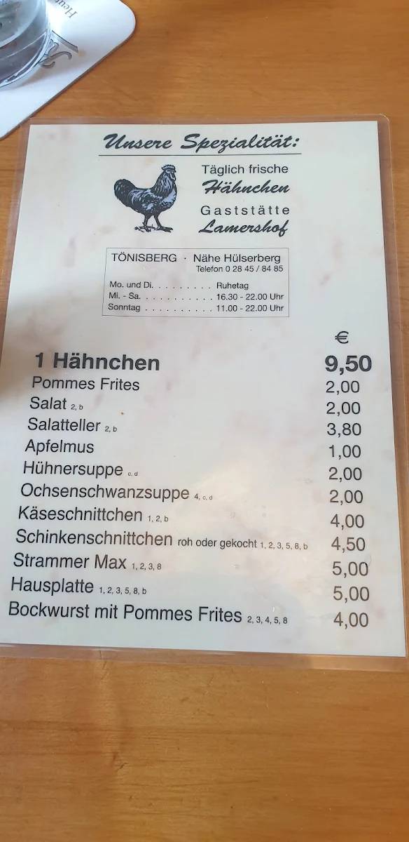 Speisekarte, Hähnchen Kempen