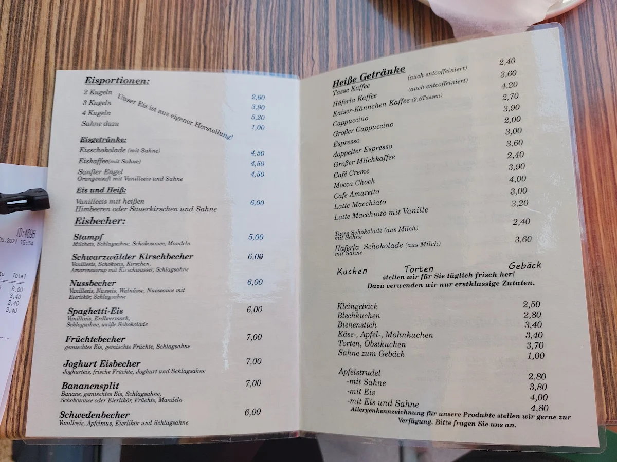 Speisekarte, Café & Konditorei Kaiser
