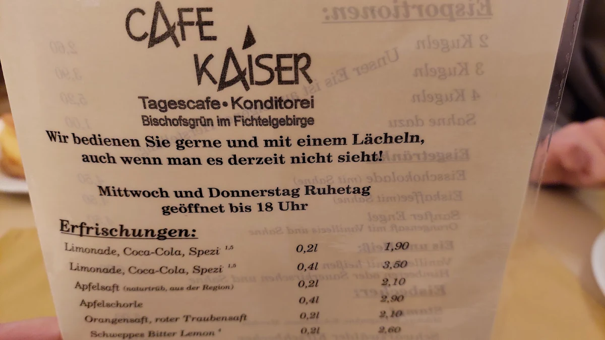 Speisekarte, Café & Konditorei Kaiser