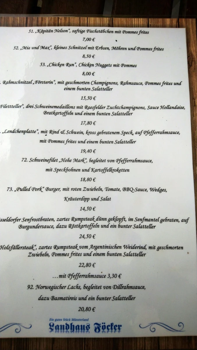 Speisekarte, Landhaus Föcker
