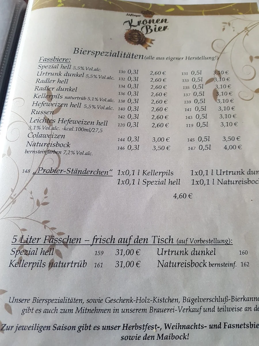 Speisekarte, Brauerei-Gaststätte Krone