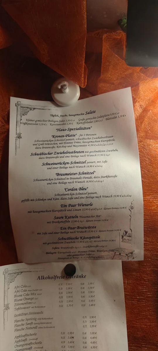 Speisekarte, Brauerei-Gaststätte Krone