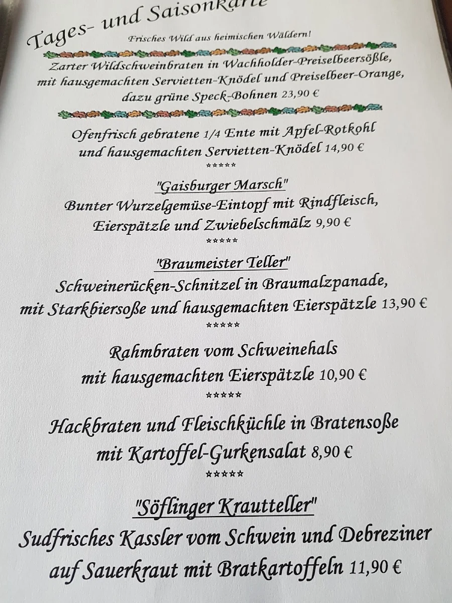 Speisekarte, Brauerei-Gaststätte Krone