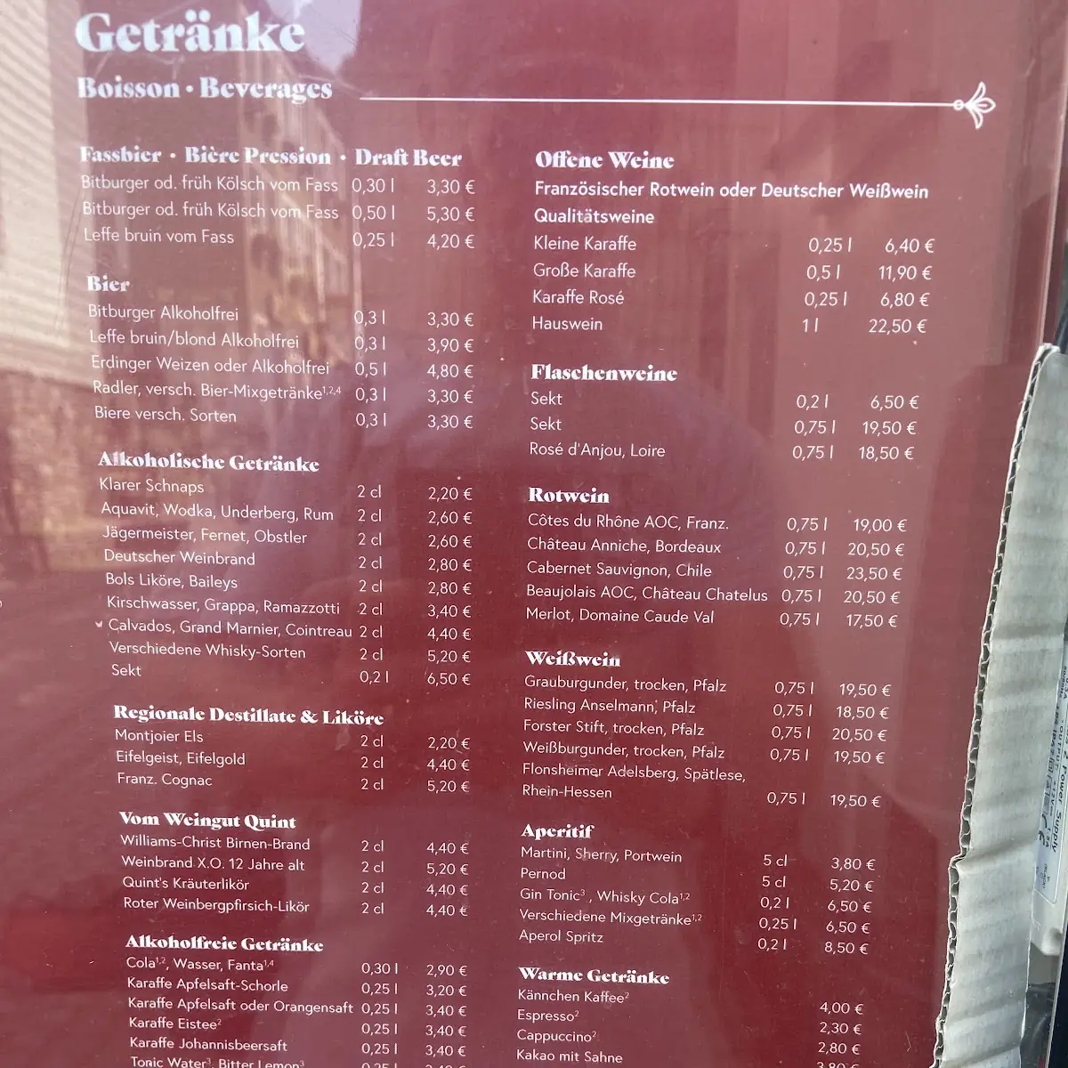 Speisekarte, Lütticher Hof