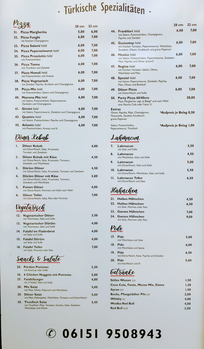 Speisekarte, Antep Döner Pizza Service Kranichstein