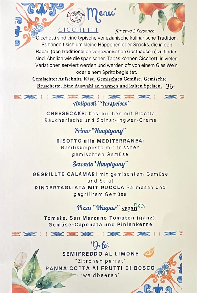 Speisekarte, La Bottega del Gusto