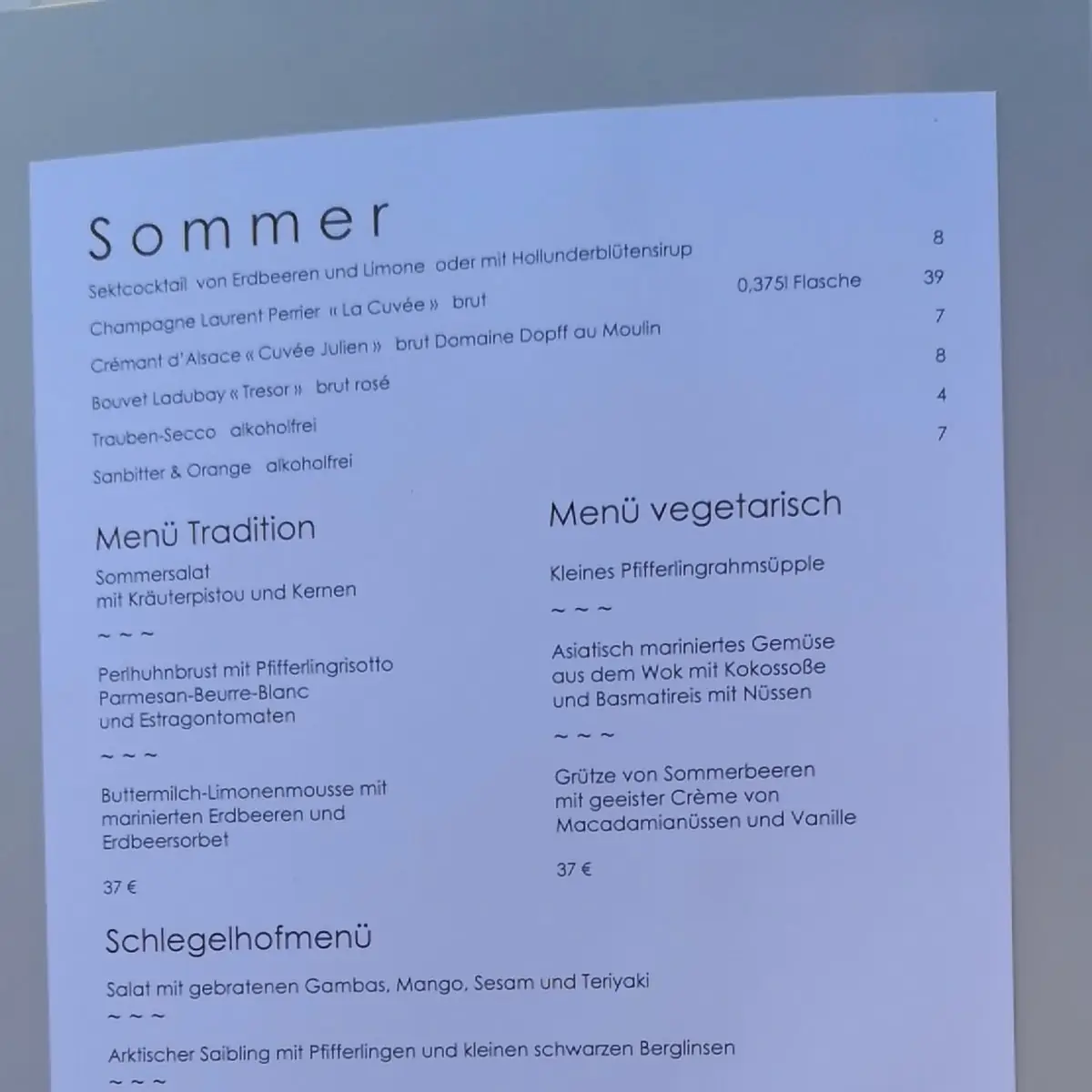 Speisekarte, Schlegelhof