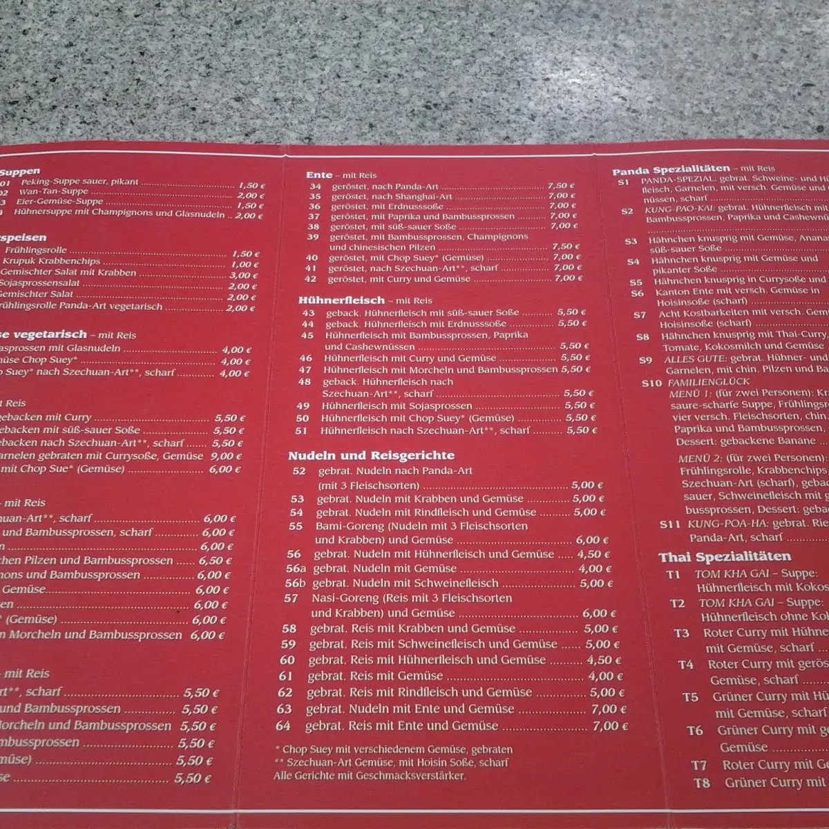 Speisekarte, Panda Hoa Ho