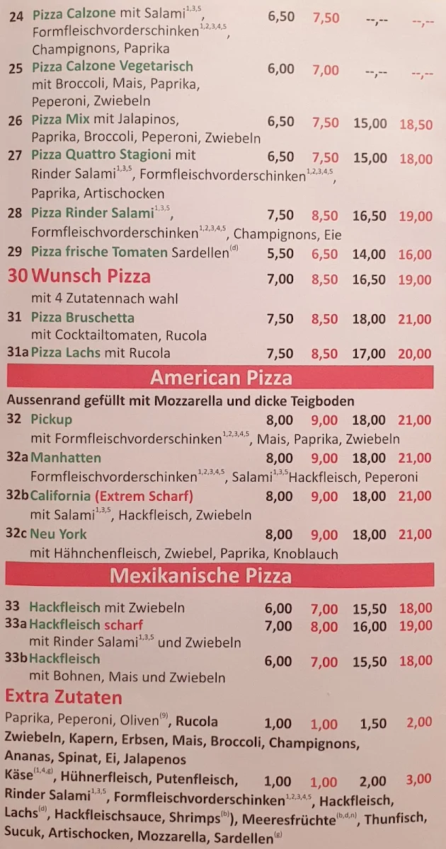 Speisekarte, Pizzeria Sun Frankfurt