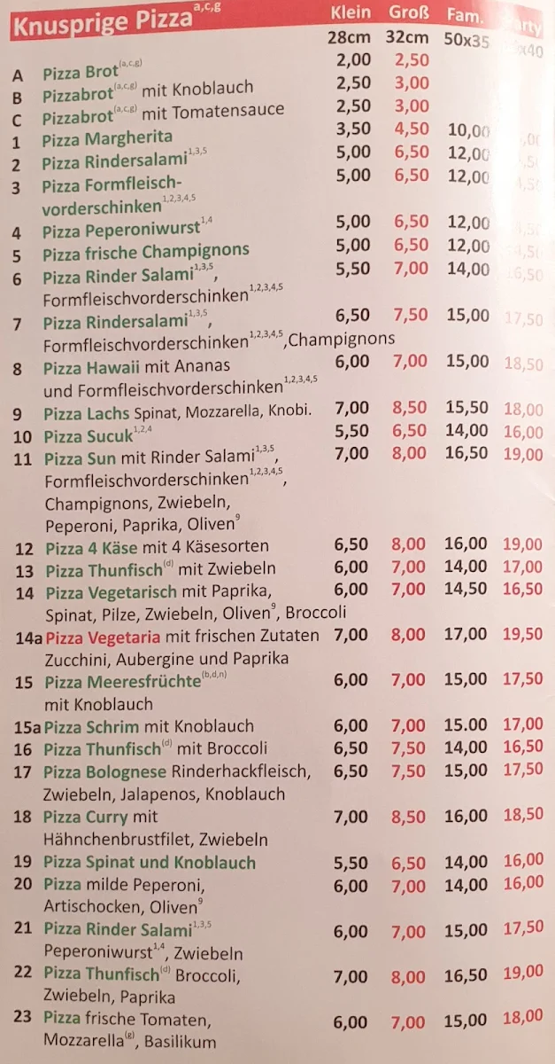 Speisekarte, Pizzeria Sun Frankfurt