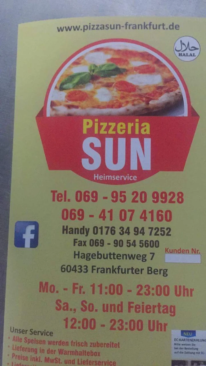 Speisekarte, Pizzeria Sun Frankfurt