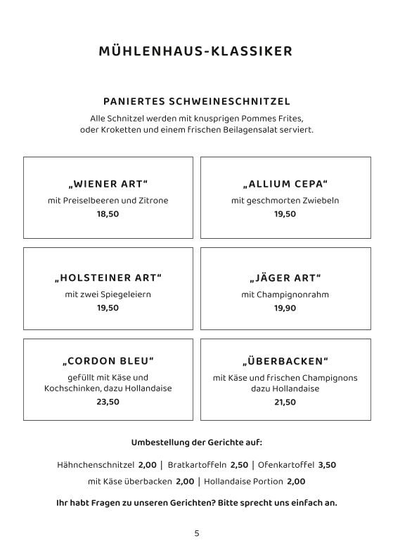 Speisekarte, Das Mühlenhaus