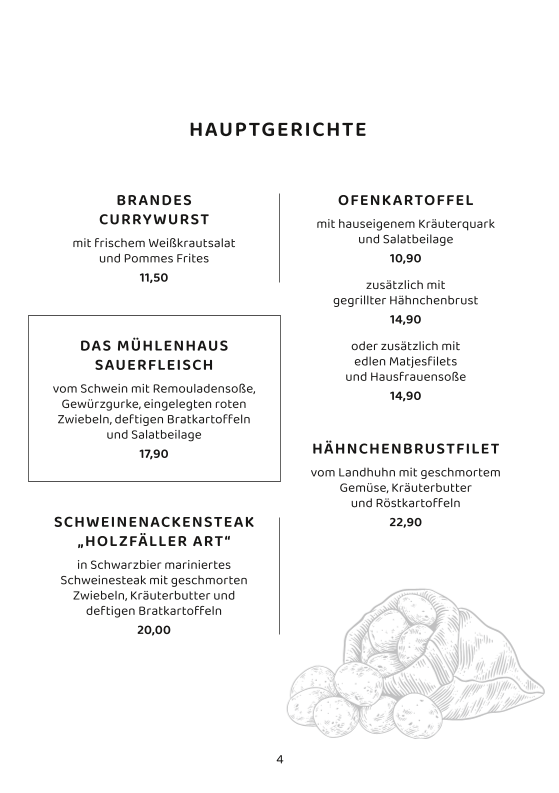 Speisekarte, Das Mühlenhaus