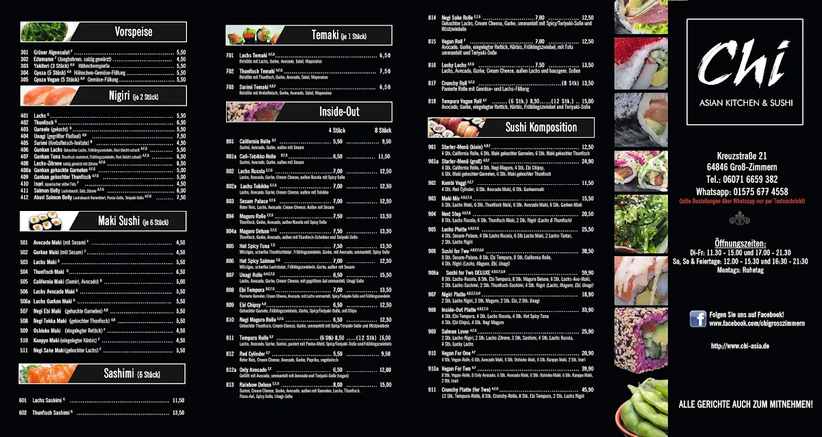 Speisekarte, Chi Asian Kitchen and Sushi