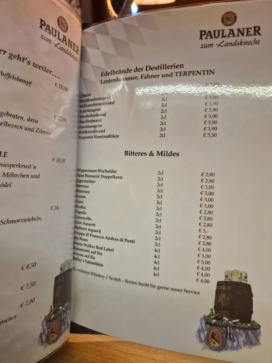 Speisekarte, Paulaner Wirtshaus im Landsknecht