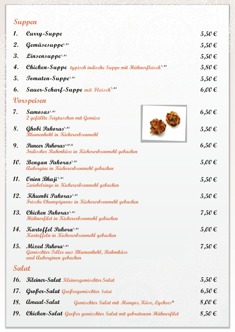 Speisekarte, Amaal Restaurant Indisch
