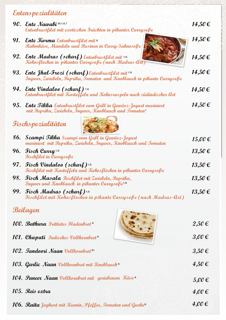 Speisekarte, Amaal Restaurant Indisch