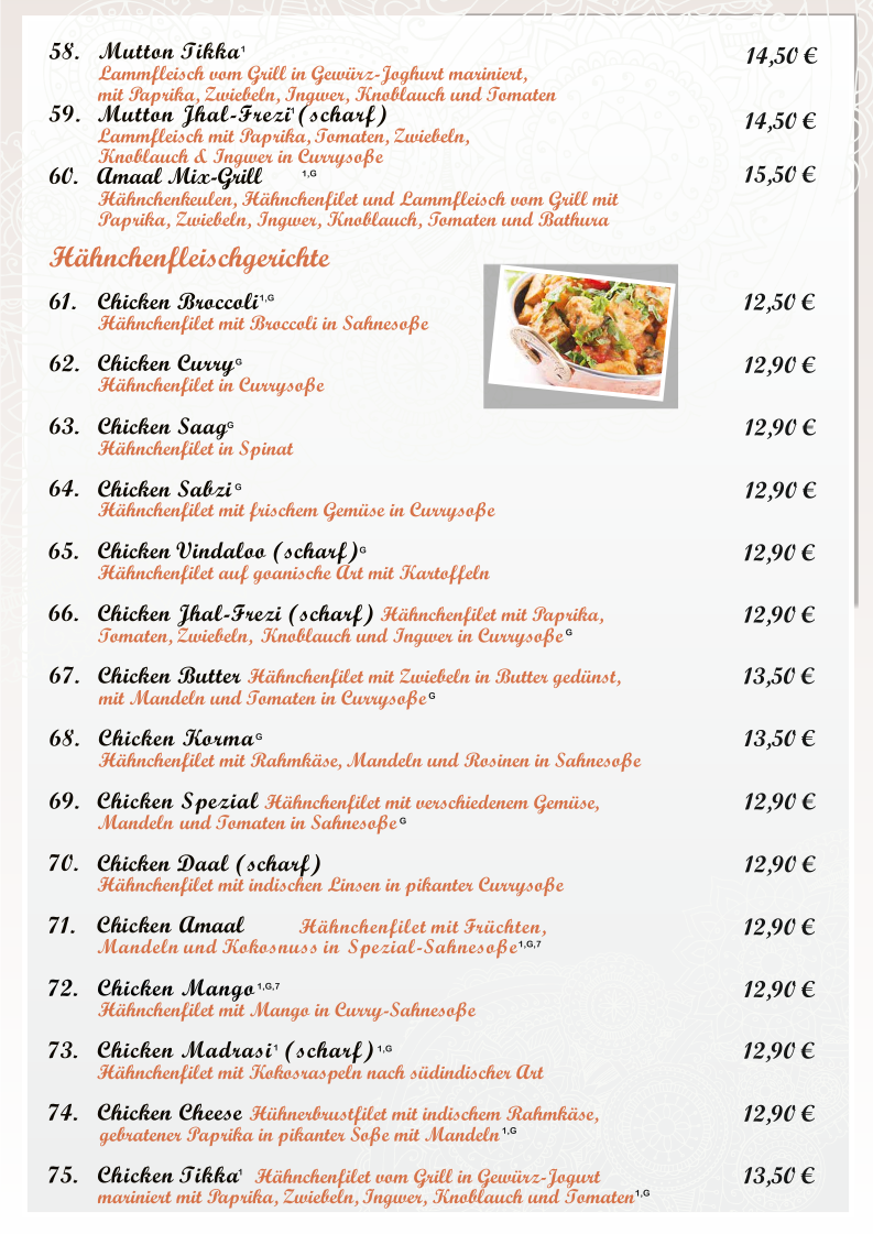 Speisekarte, Amaal Restaurant Indisch