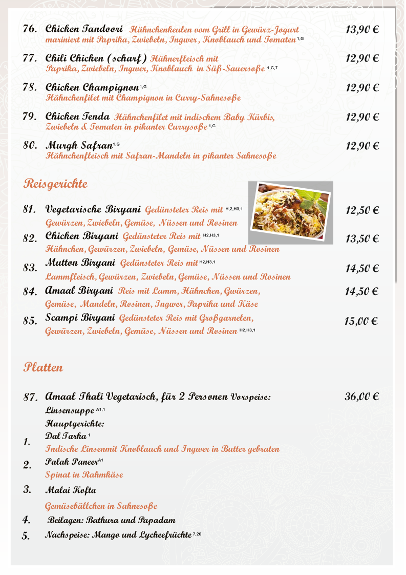 Speisekarte, Amaal Restaurant Indisch