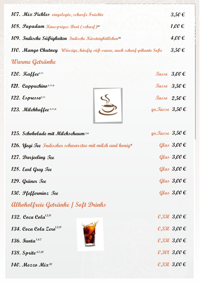 Speisekarte, Amaal Restaurant Indisch