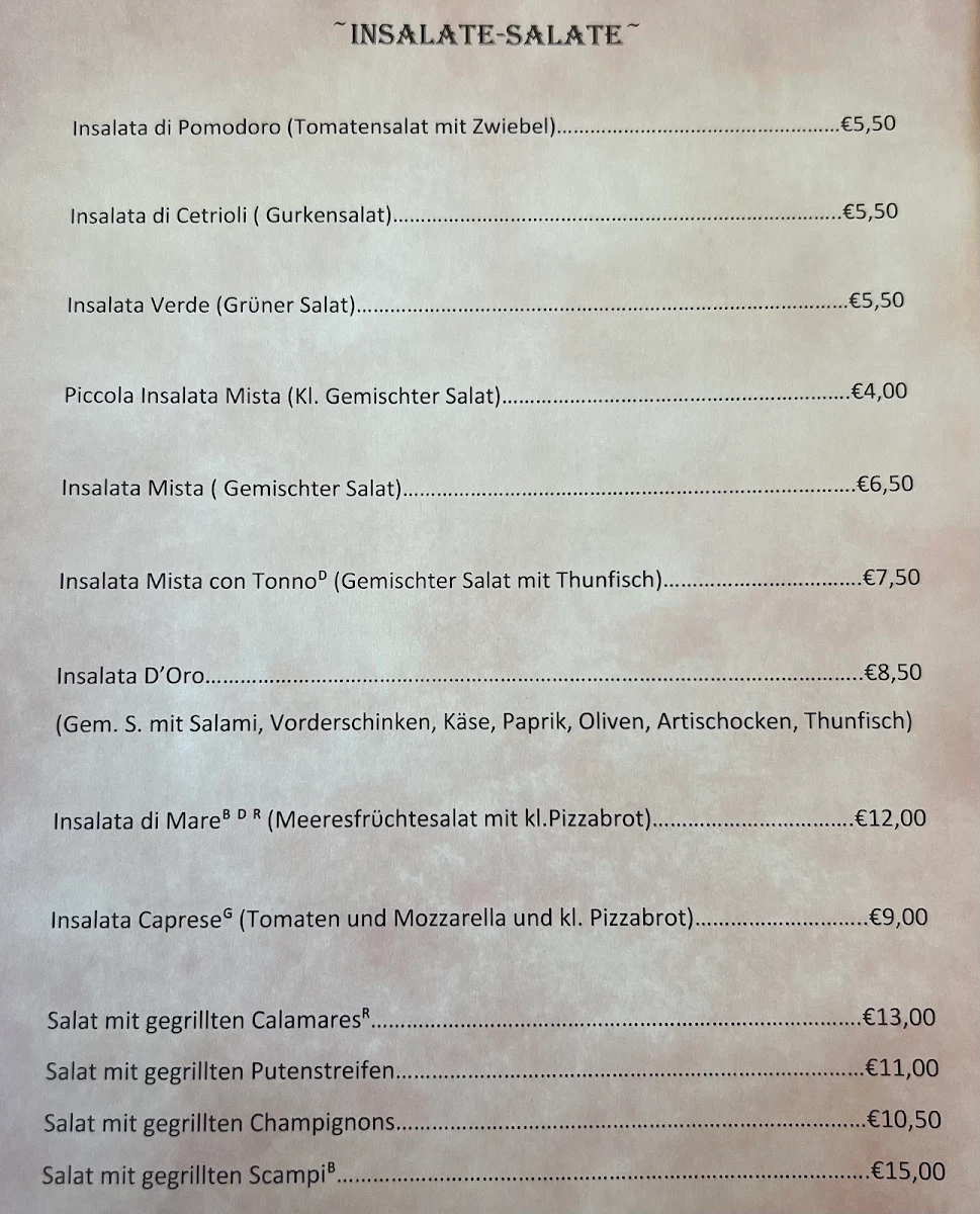 Speisekarte, Pizzeria Conca d'Oro