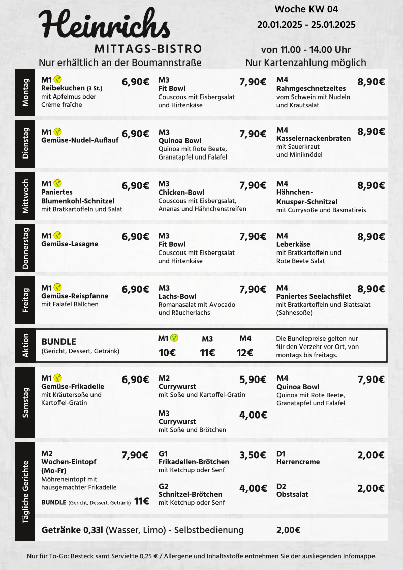 Speisekarte, Heinrichs Mittags-Bistro