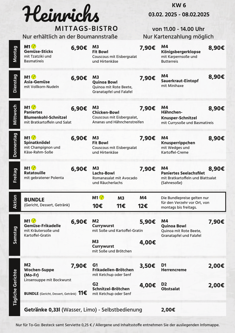Speisekarte, Heinrichs Mittags-Bistro