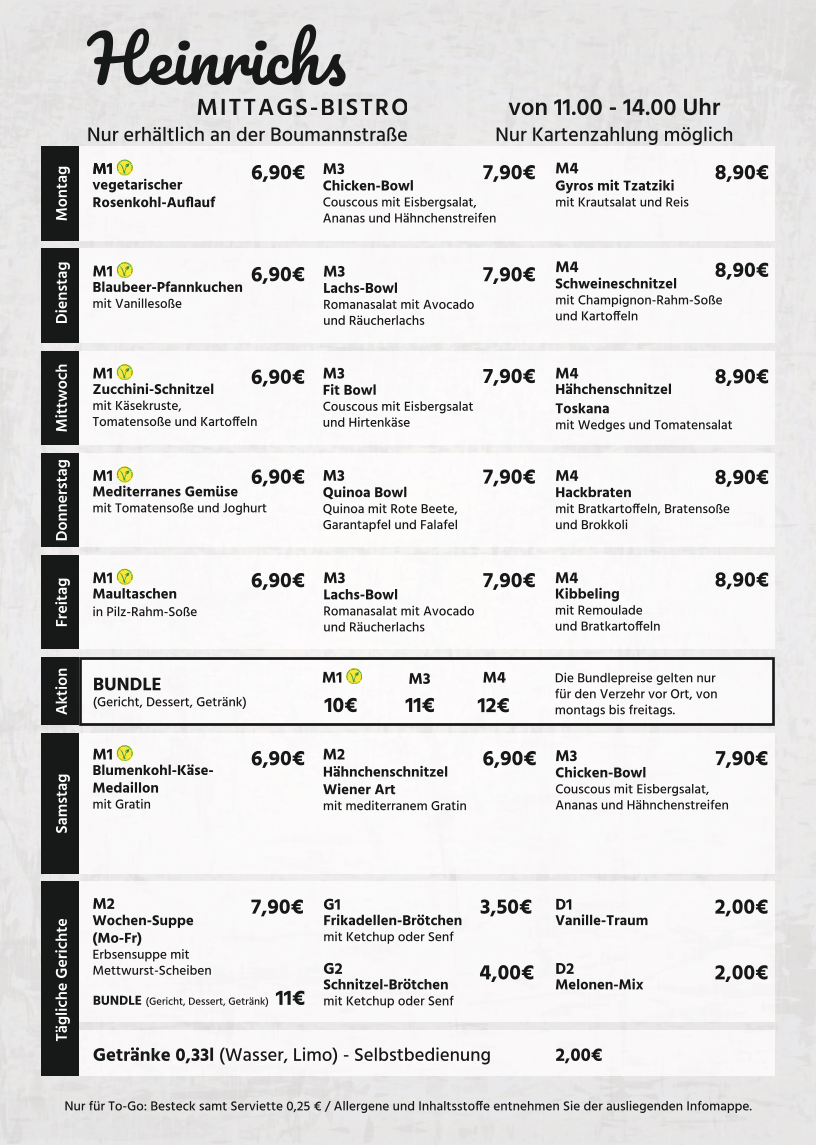 Speisekarte, Heinrichs Mittags-Bistro