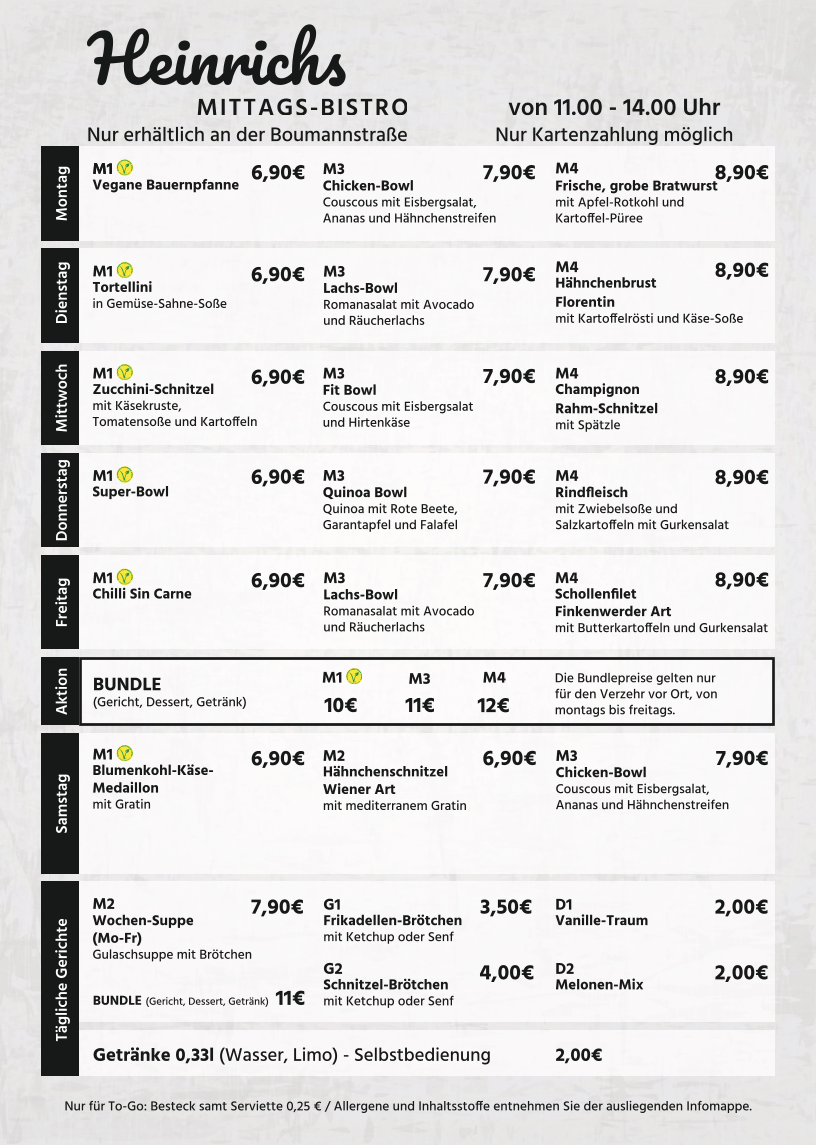 Speisekarte, Heinrichs Mittags-Bistro