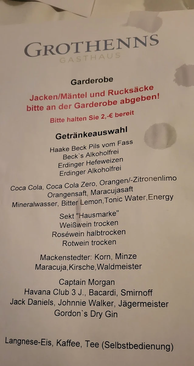 Speisekarte, Grothenns Gasthaus