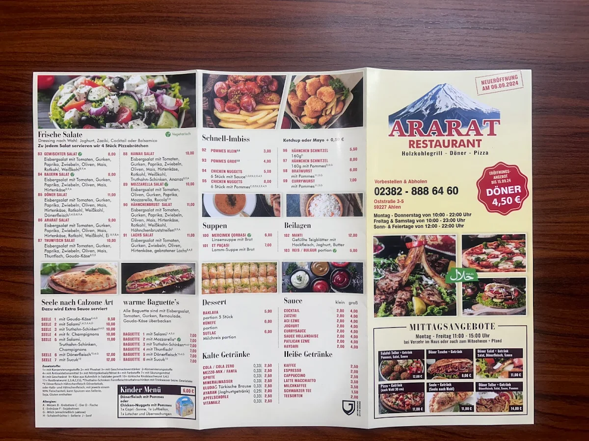 Speisekarte, Ararat Restaurant Ahlen