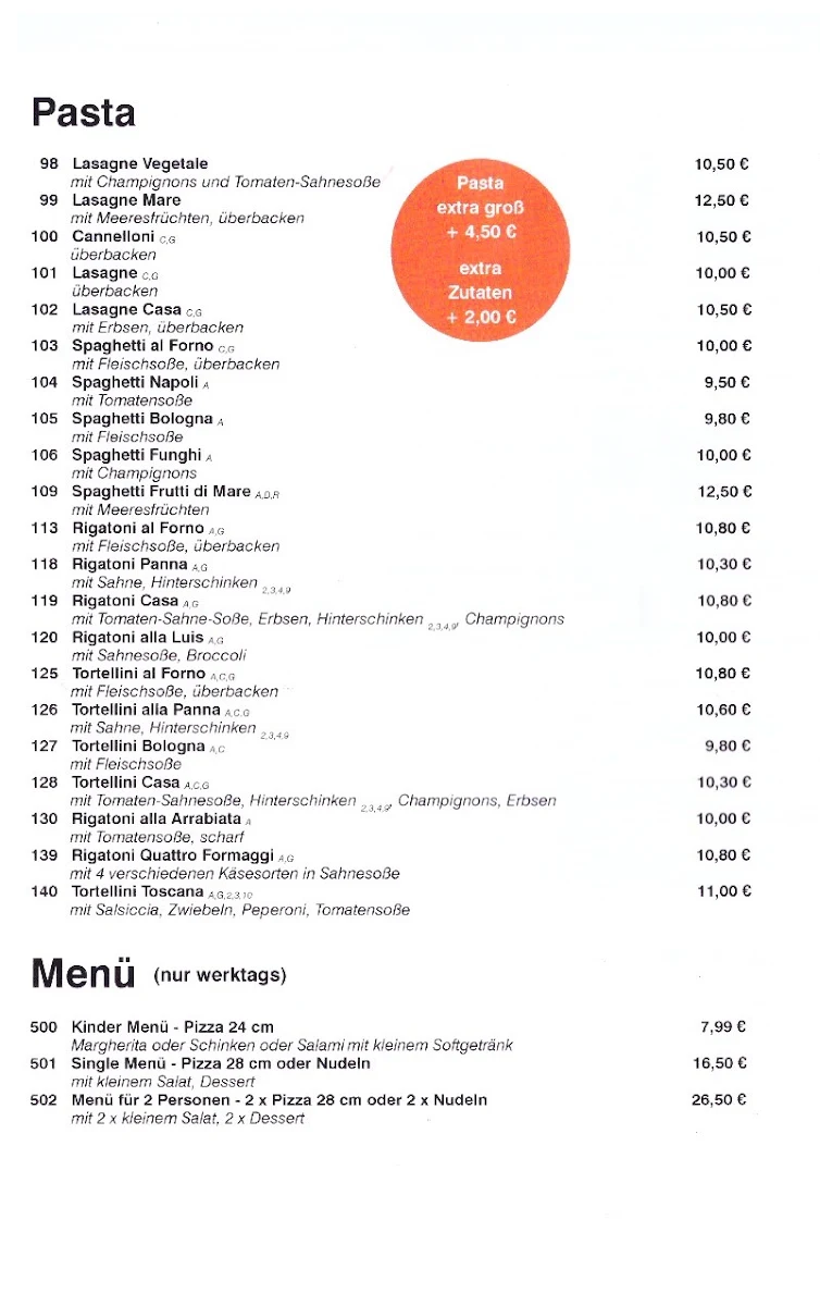 Speisekarte, Pizzeria Harburg