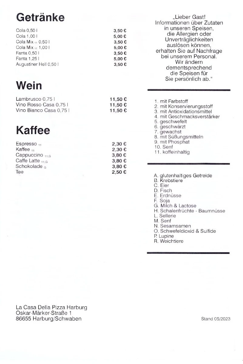 Speisekarte, Pizzeria Harburg