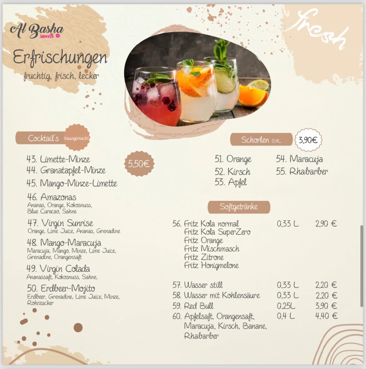 Speisekarte, Al Basha Sweets