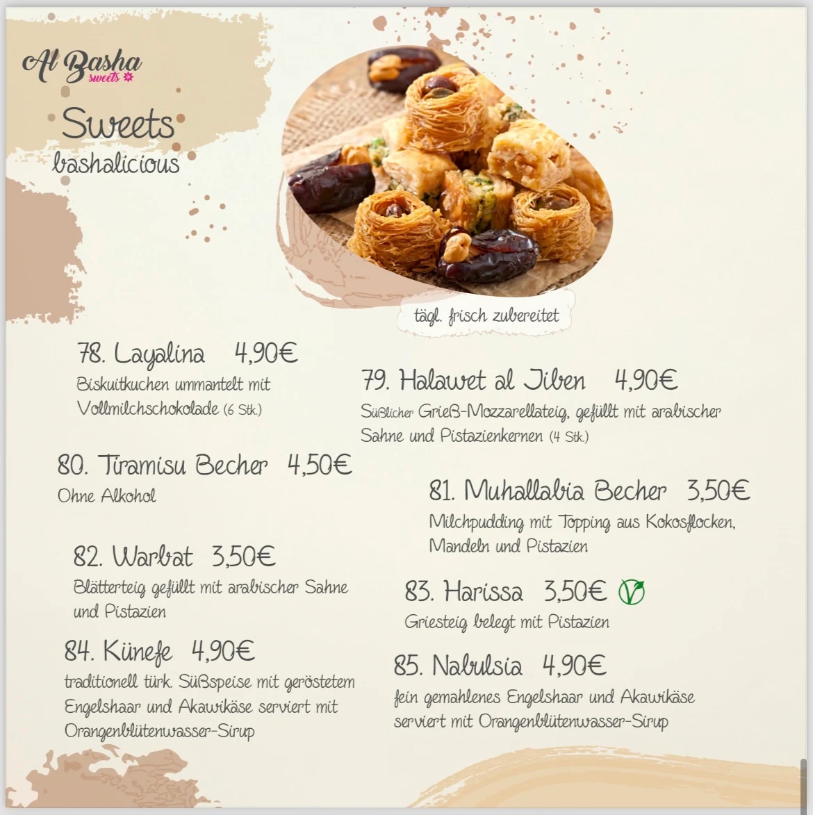 Speisekarte, Al Basha Sweets
