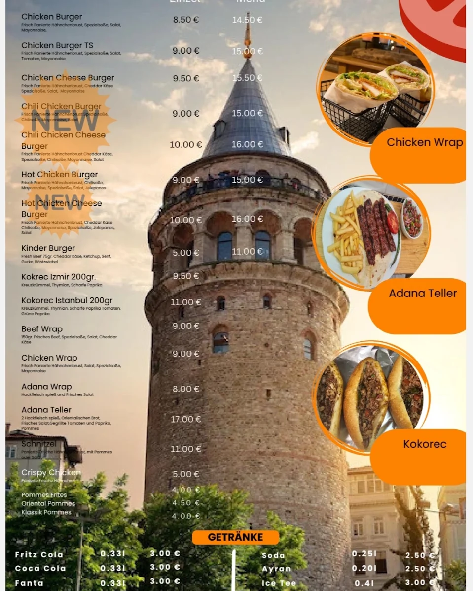 Speisekarte, Burger Galata& Kokereç &Adana
