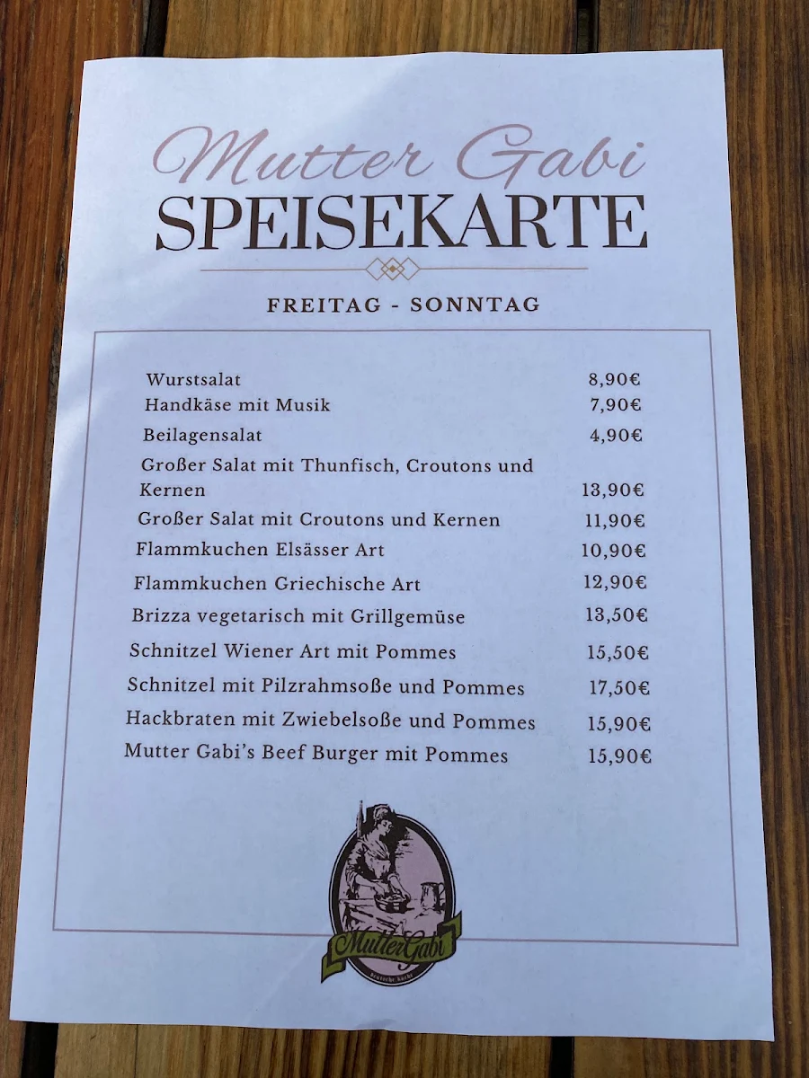 Speisekarte, Mutter Gabi - Biergarten