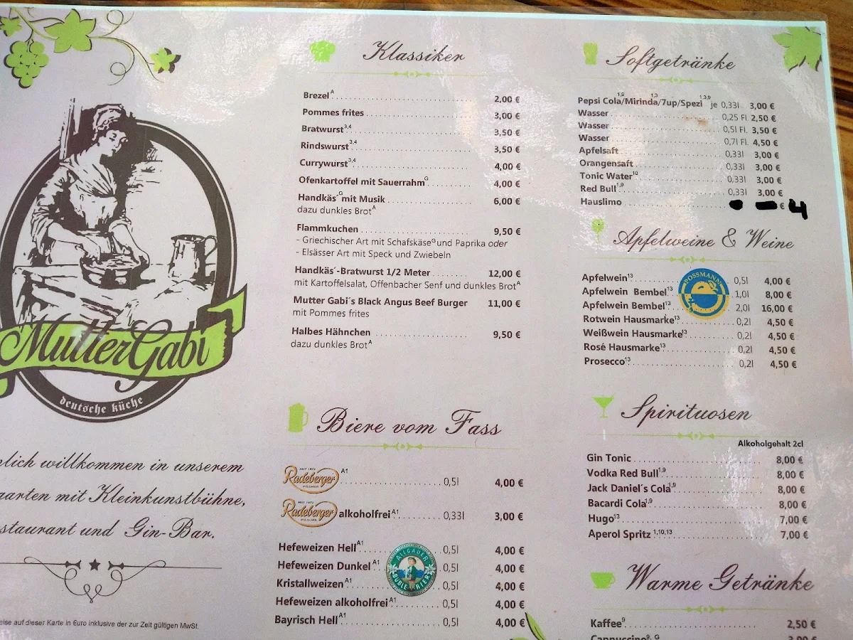Speisekarte, Mutter Gabi - Biergarten