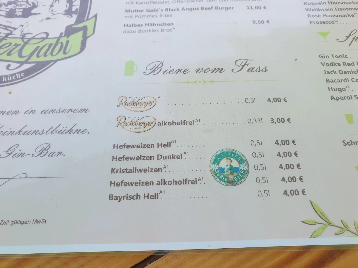 Speisekarte, Mutter Gabi - Biergarten