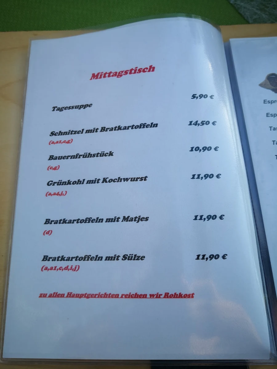 Speisekarte, Orangerie am Schloß Altdöbern