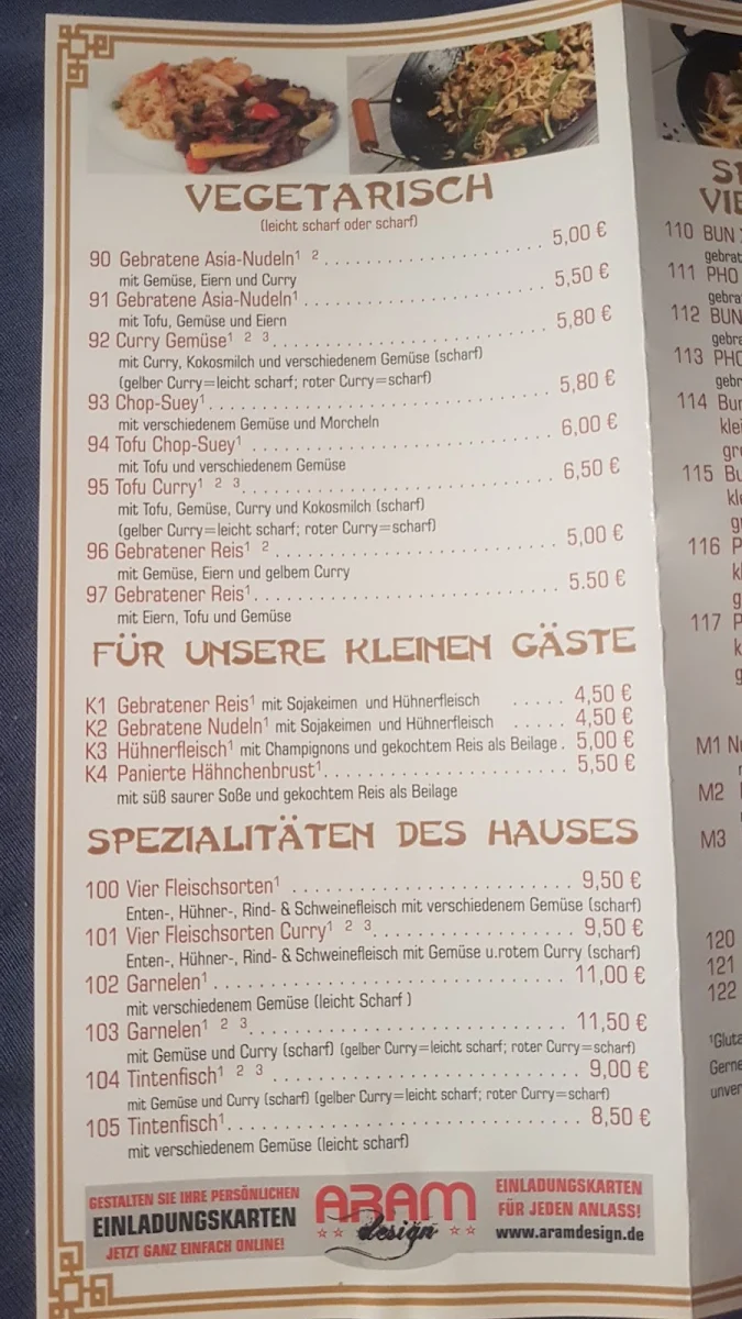 Speisekarte, Asia Spezialität Thi Lan Doan
