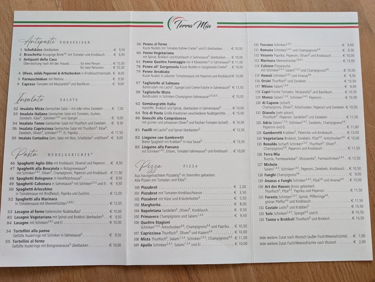 Speisekarte, TERRA-MIA Italienische Spezialitäten Restaurant